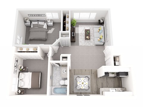 A top down view of a small apartment with a bedroom, living room, kitchen, and bathroom.